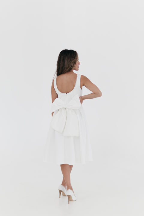 Women Elegant Pearl  trimmed Bow back dress